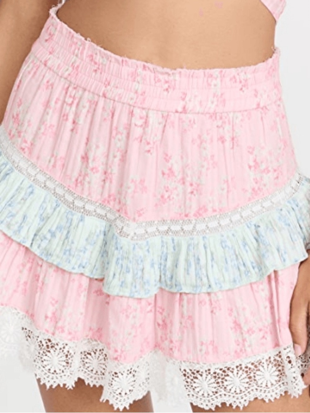 LoveShackFancy Pink Floral Tiered Mini Skirt with Blue Ruffle & White Lace